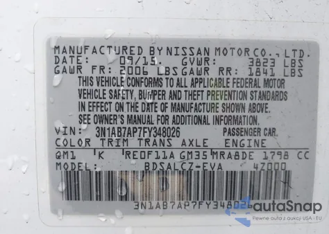 2015 Nissan Sentra S from USA, damaged, VIN 3N1AB7AP7FY348026